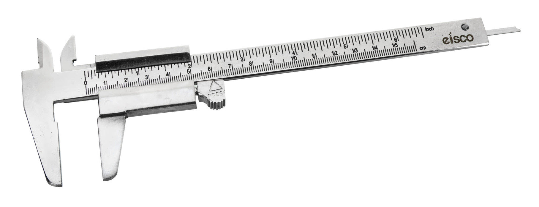 Venier Caliper, Dual Scale 0-15cm x 0.1mm / 6 x 1/128", IME Type - Plated Steel - Thumb Movement for Easy Motion of Jaws - Eisco Labs
