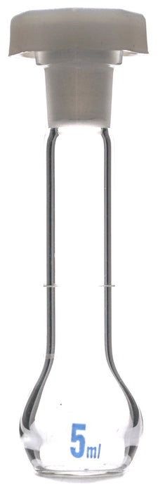 Volumetric Flask, 5ml - Class A - 10/19 Polyethylene Stopper, Borosilicate Glass - Blue Graduation, Tolerance ±0.025 - Eisco Labs