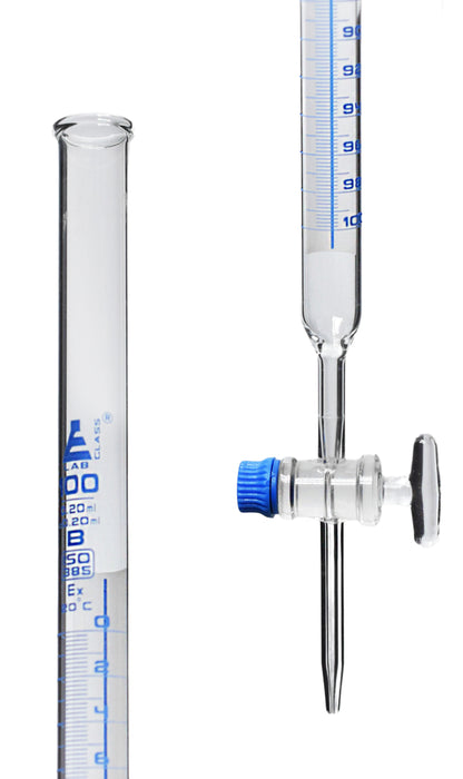 Schellbach Burette, 100mL - Class B - Glass Stopcock - Blue Graduations - Borosilicate Glass