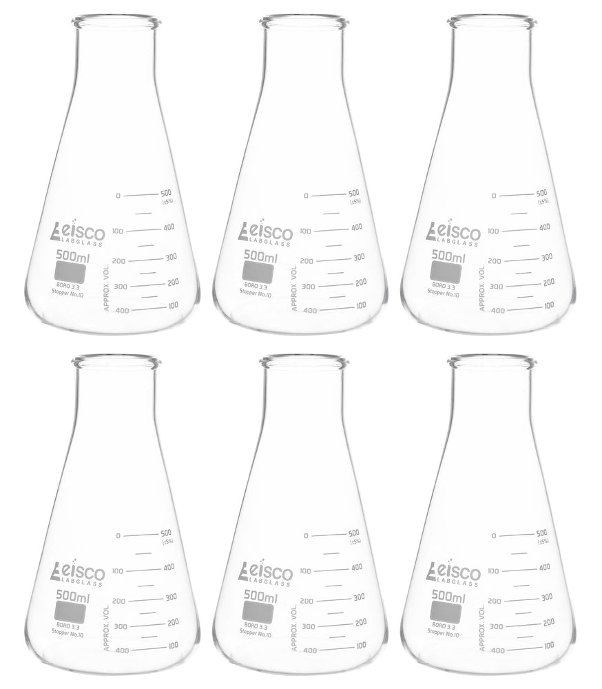 6PK Erlenmeyer Flask, 500mL - Wide Neck - ASTM, Dual Graduated Scale