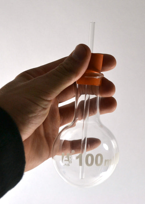 Boiling Flask Stopper & Tubing, 100ml - Borosilicate Glass - Round Bottom, Narrow Neck (0.85" ID) - Includes Glass Tubing & Rubber Stopper - Eisco Labs