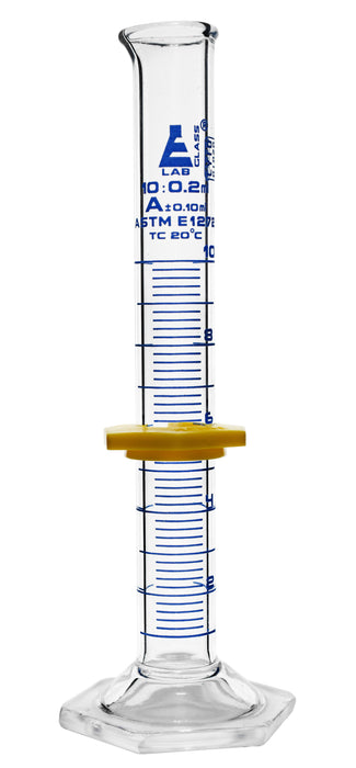 Graduated Cylinder, 10mL - ASTM Class A - Protective Collar, Hexagonal Base - Blue Graduations - Borosilicate Glass