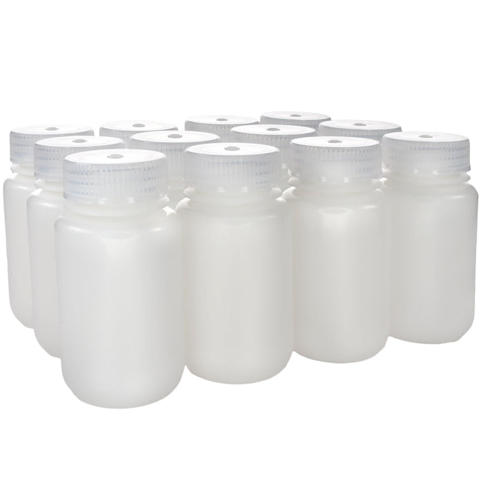 Eisco - 125mL Wide Mouth HDPE Reagent Bottles with Polypropylene Caps, Non-Sterile, Pack of 12, Translucent Leakproof Laboratory Containers, -100 to 120°C Temperature Range