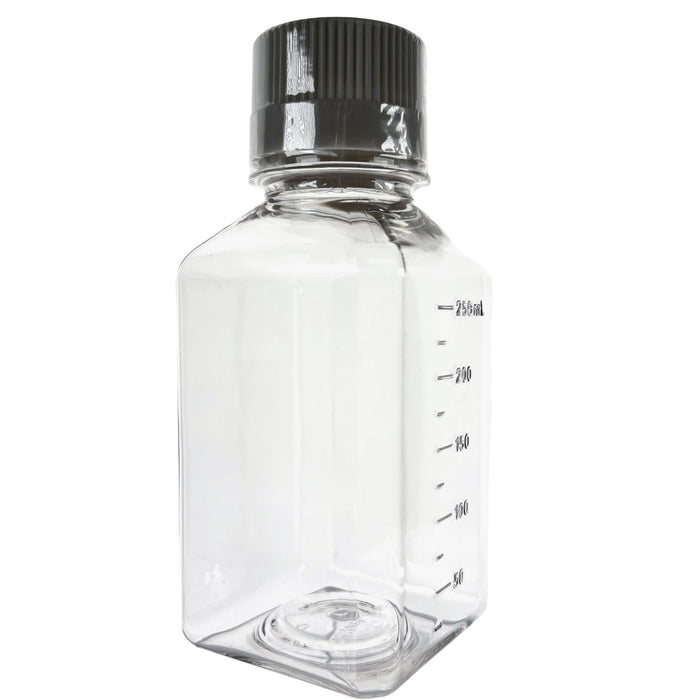 Eisco - Pack of 24, 250mL Sterile PETG Media Bottles with HDPE Caps, Square, Leak-Proof, Tamper-Evident, Non-Pyrogenic, Gamma Sterilized, Ideal for Lab Reagents, Buffers & Biopharmaceutical Use