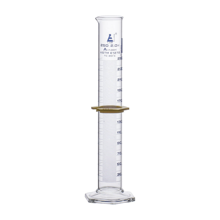 Graduated Cylinder, 250mLL - ASTM Class A - Protective Collar - Hexagonal Base - Blue Graduations - With Individual Work Certificate - Borosilicate Glass