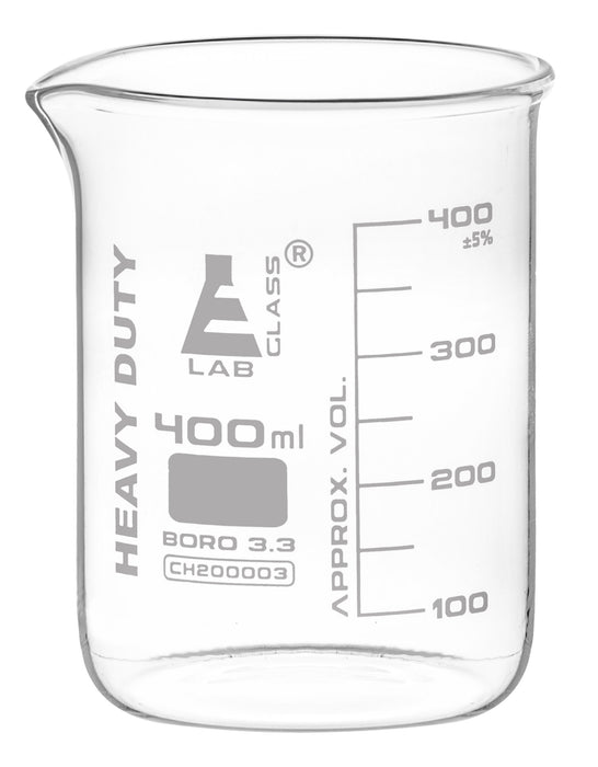 Heavy Duty Beaker, 400ml - 3.2mm Thick, Uniform Walls - Superior Durability & Chemical Resistance - White Graduations - Borosilicate 3.3 Glass - Eisco Labs