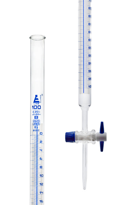 Schellbach Burette, 100mL - Class B - PTFE Stopcock - Blue Graduations - Borosilicate Glass
