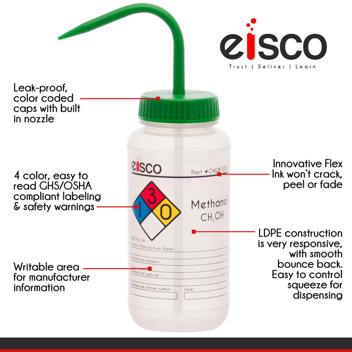 Performance Plastic Wash Bottle, Methanol, 500 ml - Labeled (4 Color)