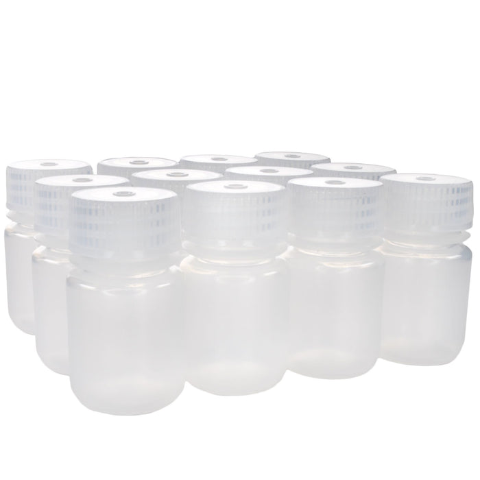Eisco - 30mL Wide Mouth Polypropylene Translucent Reagent Bottles with Polypropylene Caps, Pack of 12, Non-Sterile, Autoclavable, Leakproof Laboratory Storage Bottles, 0-135°C Temperature Range