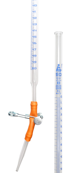 Burette, 50ml - Class B, DIN ISO 385, Borosilicate Glass with Pinch Clip, 0.10ml Graduations - Eisco Labs