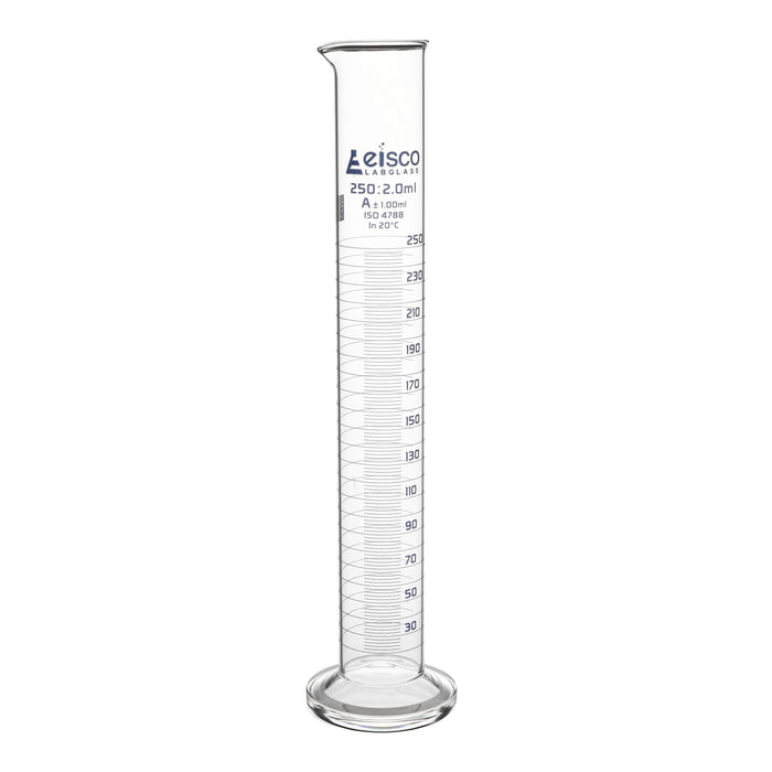 Graduated Cylinder, 250ml - Class A - Blue Graduations, Round Base