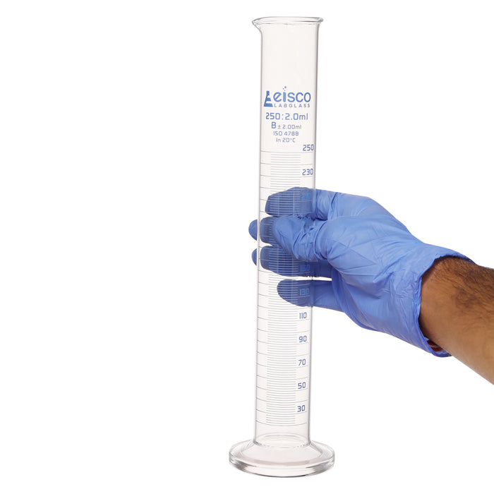 Graduated Cylinder, 250ml - Class B - Blue Graduations, Round Base