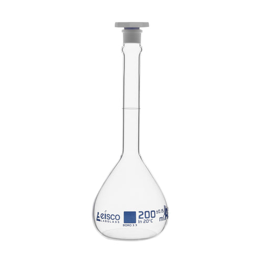 Volumetric Flask, 200mL - ASTM, Class A - Blue Specifications, White Graduation Line - Borosilicate Glass