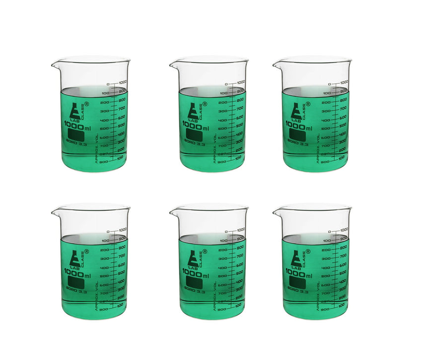 6PK Beakers, 1000ml - ASTM - Low Form, Dual Scale Graduations - Borosilicate Glass