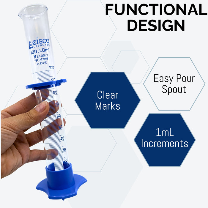 Graduated Cylinder, 100mL - Class B - Detachable, Plastic Hexagonal Base & Protective Collar - Blue Graduations - Borosilicate Glass