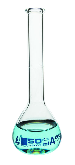Volumetric Flask, 50ml - Class A Tolerance ±0.06 - No Stopper, Beaded Rim - Blue Graduations - Borosilicate Glass - Eisco Labs