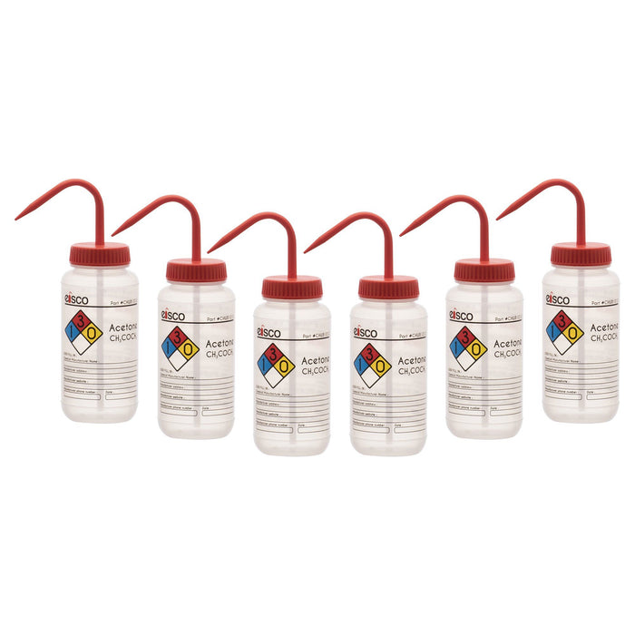 6PK Performance Plastic Wash Bottle, Acetone, 500 ml - Labeled (4 Color)
