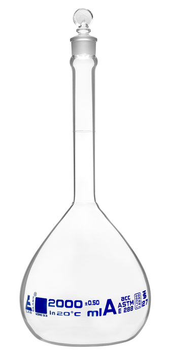 Volumetric Flask, 2000ml - Class A, ASTM - Tolerance ±0.500 ml - Glass Stopper -  Single, Blue Graduation - Eisco Labs