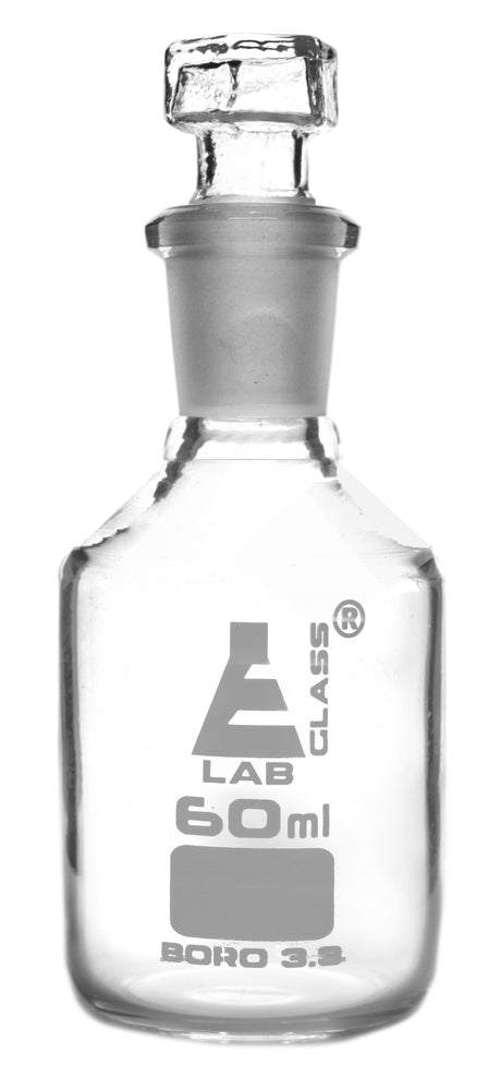 Reagent Bottle, Borosilicate Glass, Narrow Mouth with Interchangeable Hexagonal hollow glass Stopper - 60ml - Eisco Labs