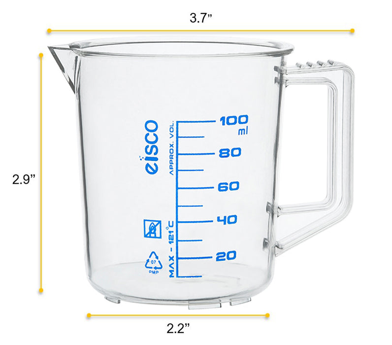 Measuring Jug, 100ml - TPX Plastic - Printed Graduations - Chemical Resistant, Autoclavable - Short Form - Handle with Thumb Grip - Eisco Labs