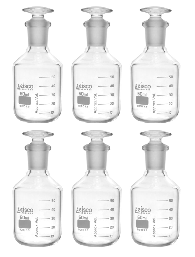 6PK Reagent Bottles, 60mL - Graduated - Narrow Mouth with Solid Glass Stopper - Borosilicate Glass