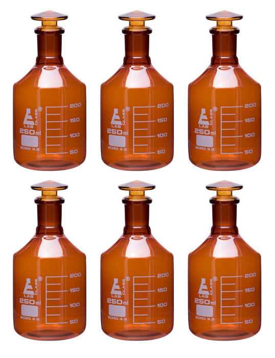 6PK Reagent Bottles, Amber, 250mL - Graduated - Narrow Mouth with Solid Glass Stopper - Borosilicate Glass
