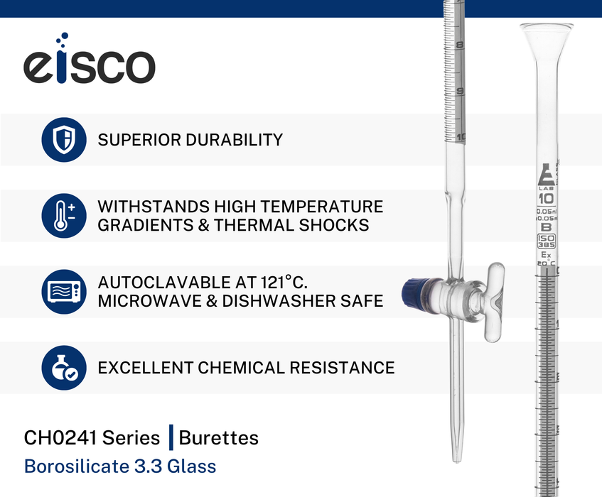 Schellbach Burette, 10mL - Class B - Glass Stopcock - White Graduations - Borosilicate Glass