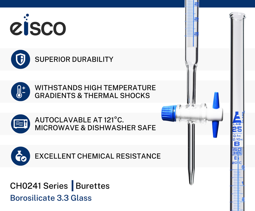 Schellbach Burette, 25mL - Class B - PTFE Stopcock - Blue Graduations - Borosilicate Glass