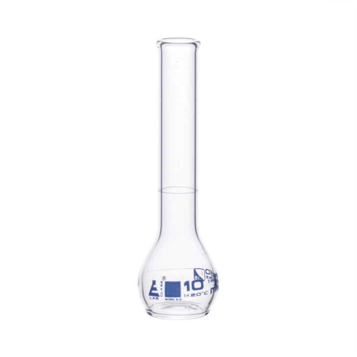 Volumetric Flask, 10ml - Class B - Borosilicate Glass - Blue Graduation, Tolerance ±0.050 - No Stopper, Beaded Rim - Eisco Labs
