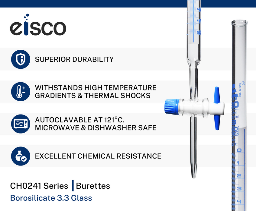 Schellbach Burette, 50mL - Class B - PTFE Stopcock - Blue Graduations - Borosilicate Glass