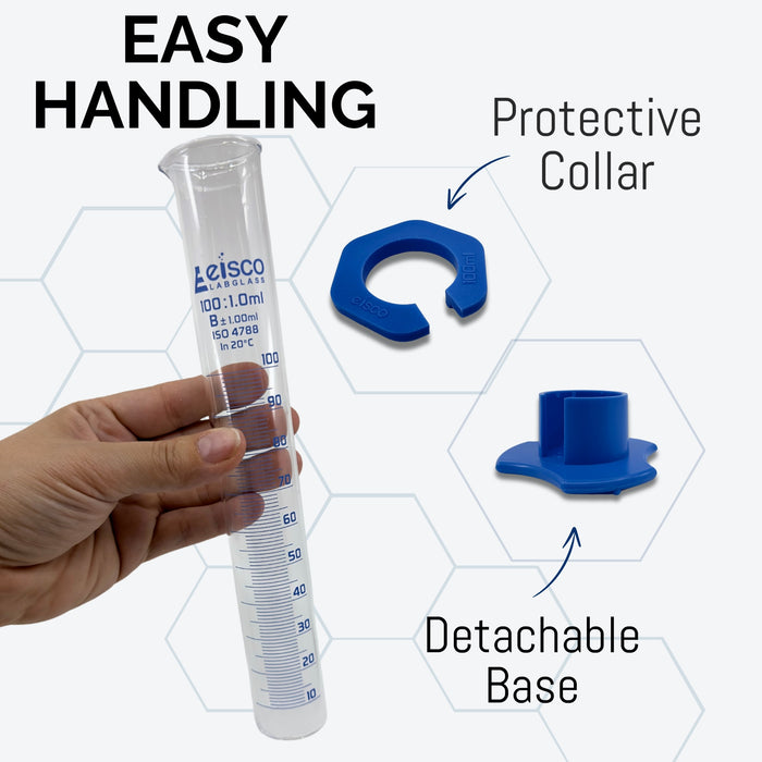 Graduated Cylinder, 100mL - Class B - Detachable, Plastic Hexagonal Base & Protective Collar - Blue Graduations - Borosilicate Glass