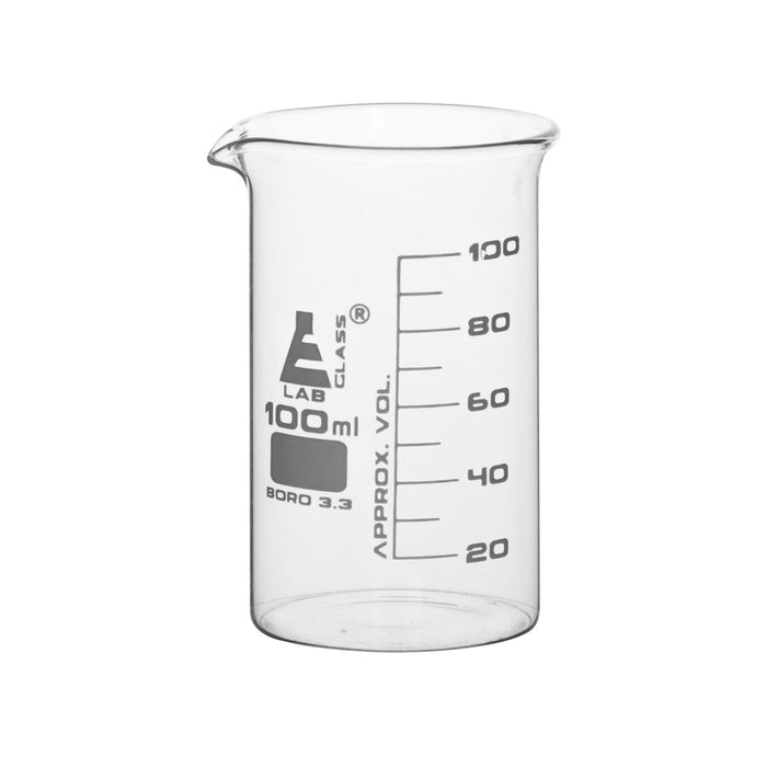 Beaker, 100ml - Tall Form - White Graduations - Borosilicate Glass