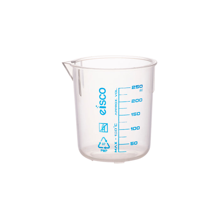 Plastic Beaker with Spout, 250mL - TPX Polymethylpentene (PMP) - Blue Printed Graduations - Eisco Labs