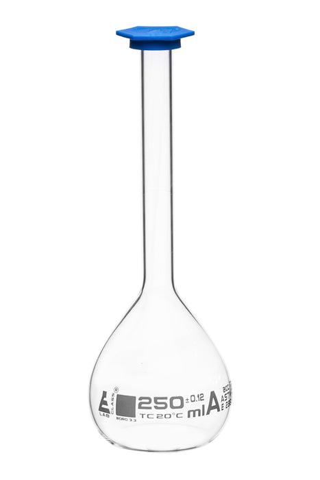 Volumetric Flask, 250ml - Class A, ASTM - Tolerance ±0.120ml - Blue Snap Cap - Single, White Graduation - Borosilicate Glass - Eisco Labs