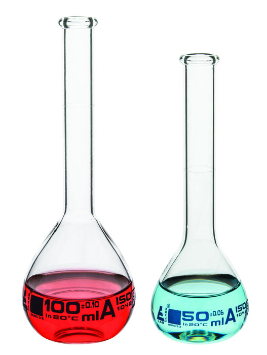 Volumetric Flask, 20ml - Class A Tolerance ±0.04ml - Beaded Rim - Single White Graduation, Blue Printed Specifications - Borosilicate 3.3 Glass - Eisco Labs