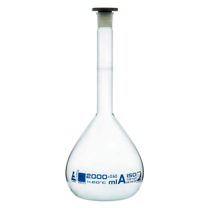 Volumetric Flask, 2000ml - Class A - 29/32 Polyethylene Stopper, Borosilicate Glass - Blue Graduation, Tolerance ±0.600 - Eisco Labs