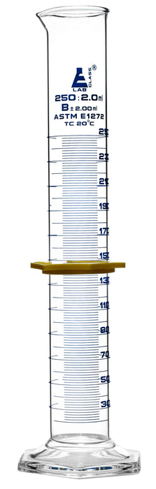 Graduated Cylinder, 250mL - ASTM Class B - Protective Collar, Hexagonal Base - Blue Graduations - Borosilicate Glass