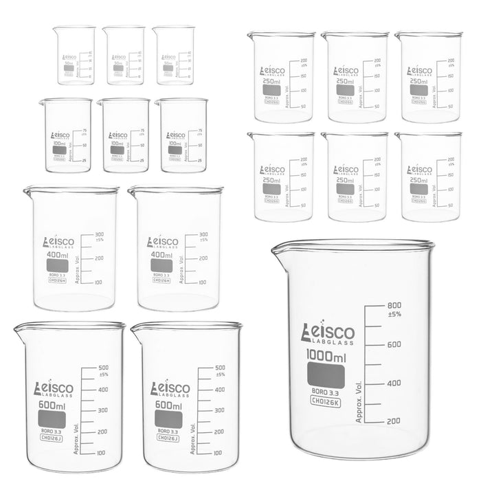Eisco Labs - 42 Piece Lab Glass Starter Set - Borosilicate Glass Beakers, Reagent Bottles, Graduated Cylinders, Conical Flasks - Autoclavable, Reusable Labware for Science Labs and Educational Use