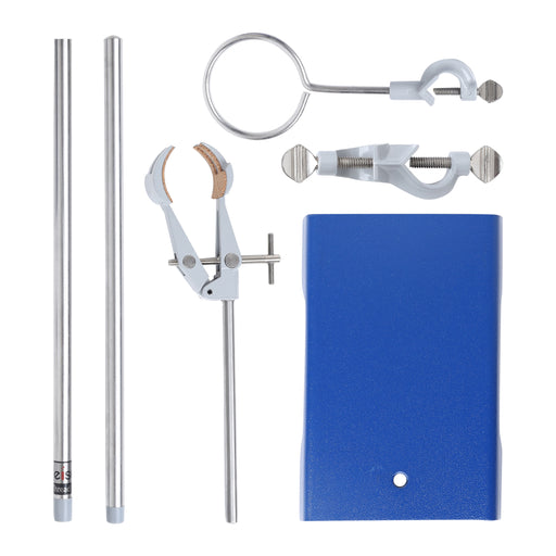 Upgraded 4 Piece Set - Rectangular Retort Stand, Rod, Clamp & Ring Set - 8"x5" Steel Base, 23.6" 2 Piece Stainless Steel Rod, 3" Steel Support Rings, 4-Pronged Cork-Lined Clamp - Eisco Labs