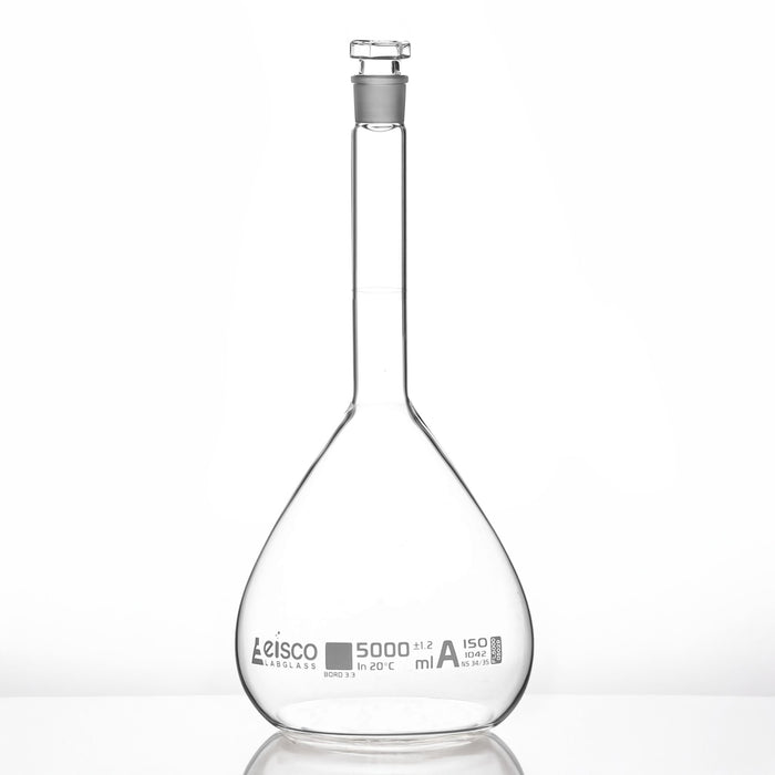 Eisco - 5000mL Borosilicate Volumetric Flask Class A with Hollow Glass Stopper White Print with Certificate for Analytical Chemistry Pharmaceutical and Laboratory Use