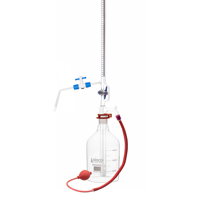 Automatic Zero Burette, 100ml - Class A - 34/35 Joint Size - 0.10±ml Tolerance, 0.20ml Sub. Divisions - 2000ml Reservoir Capacity - With Intermediate Stopcock & Schellbach Stripe - Eisco Labs