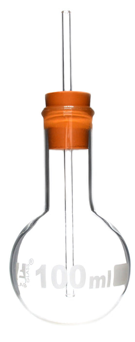 Boiling Flask Stopper & Tubing, 100ml - Borosilicate Glass - Round Bottom, Narrow Neck (0.85" ID) - Includes Glass Tubing & Rubber Stopper - Eisco Labs