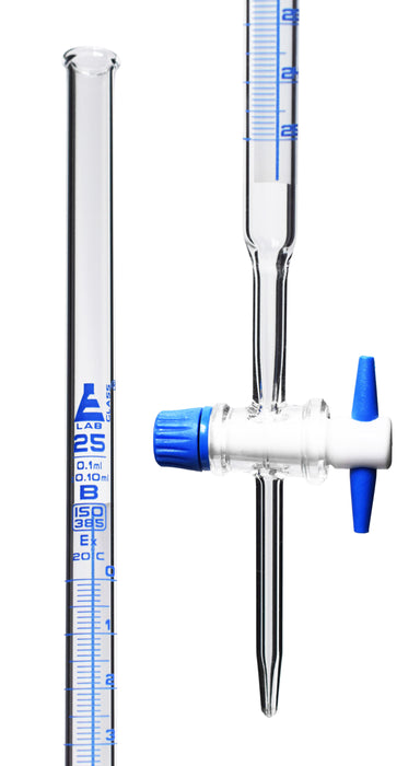 Schellbach Burette, 25mL - Class B - PTFE Stopcock - Blue Graduations - Borosilicate Glass