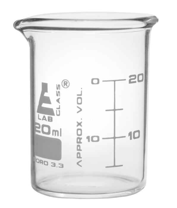 Beaker, 20mL - ASTM - Low Form with Spout - Dual Scale, White Graduations - Borosilicate Glass