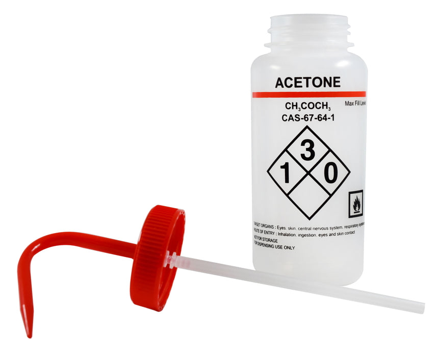 500ml Capacity Labelled Wash Bottle for Acetone - Color Coded Red - Self Venting, Low Density Polyethylene (Discontinued)
