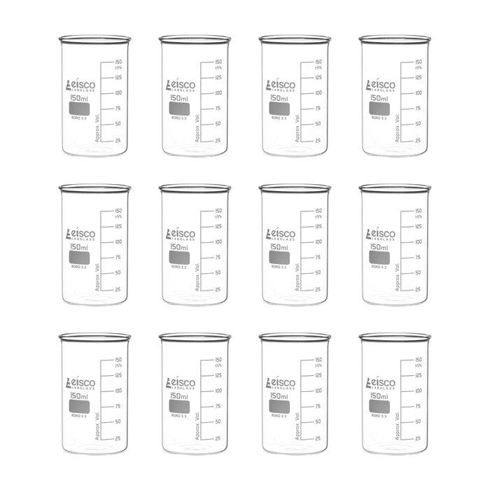 Eisco 12PK Tall Form Beakers Without Spout, 150mL - Graduated - Borosilicate Glass - Berzelius Beaker