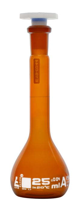Volumetric Flask, 25ml - Class A Tolerance ±0.04ml - 10/19 Polypropylene Stopper - Blue Graduation - Borosilicate Glass - Eisco Labs