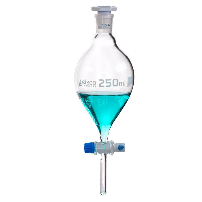 Eisco - Separating Funnel, 250ml, Pressure Equalizing, Pear Shaped - 19/26 Plastic Stopper, PTFE Key Stopcock, Borosilicate Glass