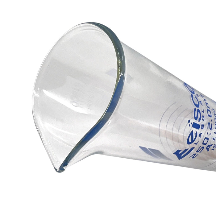 Eisco Labs - 250mL Measuring Cylinder - Tolerance ±1.00mL - Class A Graduated Cylinder - Calibrated TC - Hexagonal Base - Blue Graduations - Batch Work Certificate QR Code - Boro 3.3 Glass