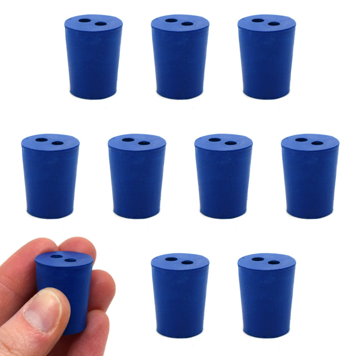 Neoprene Stoppers, 2 Holes - Blue - Size: 17mm Bottom, 20mm Top, 26mm Length - Pack of 10
